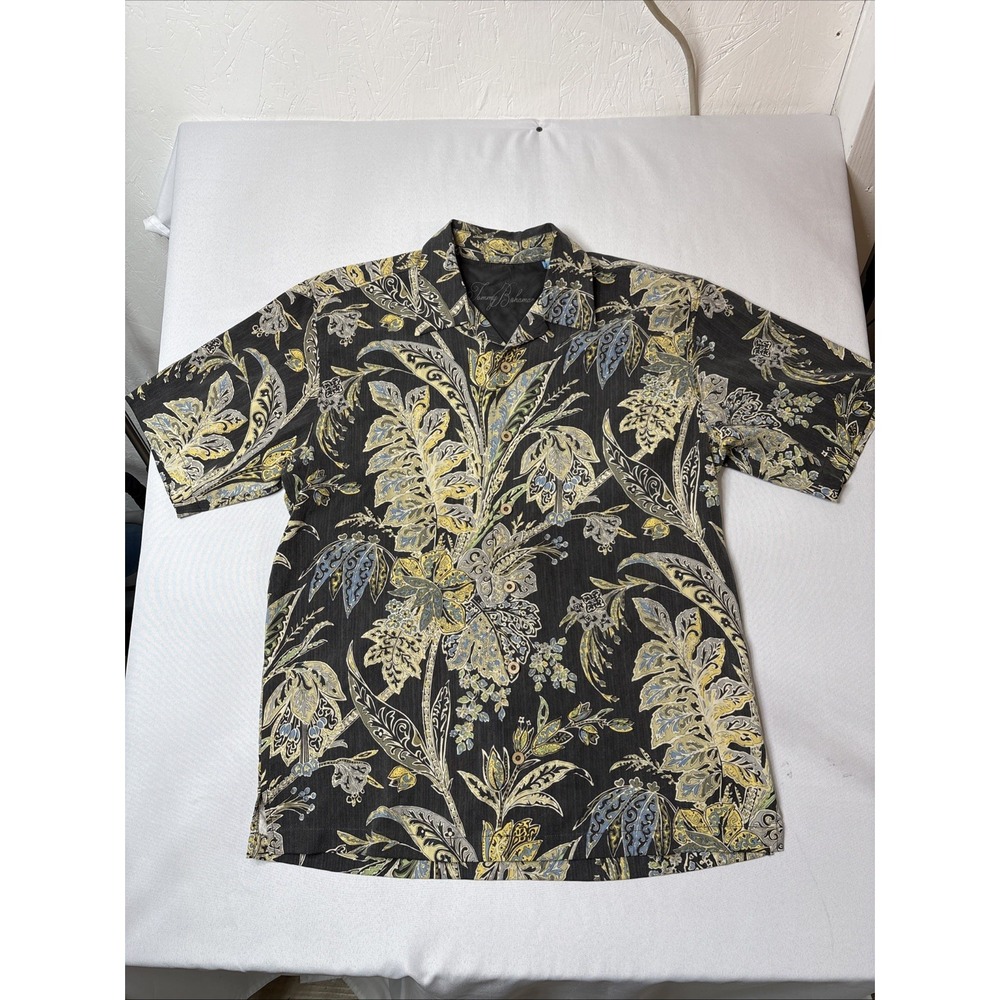 Tommy Bahama Men's M 100% Silk Hawaiian Shirt Floral Palm Gray Multi